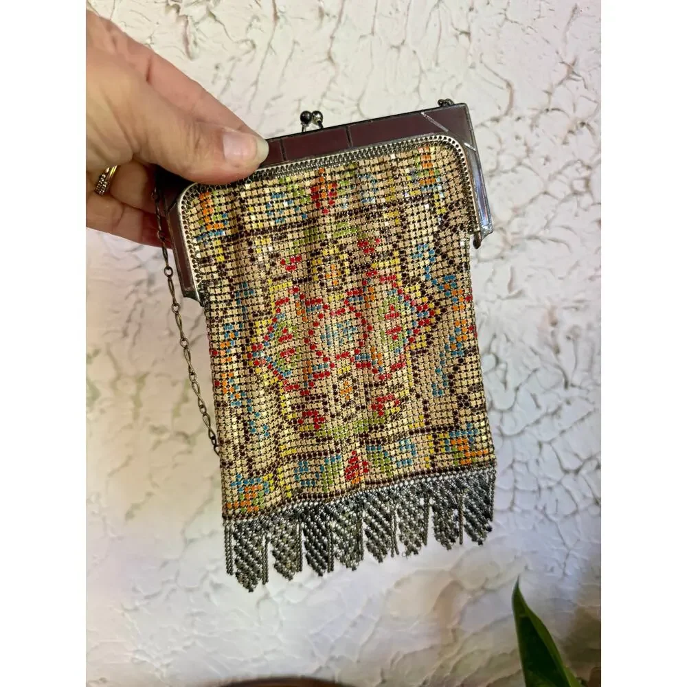 Vintage Whiting & Davis Mesh Purse, Art Deco Enamel Mesh Bag, Mandalian Style - Picture 5 of 10